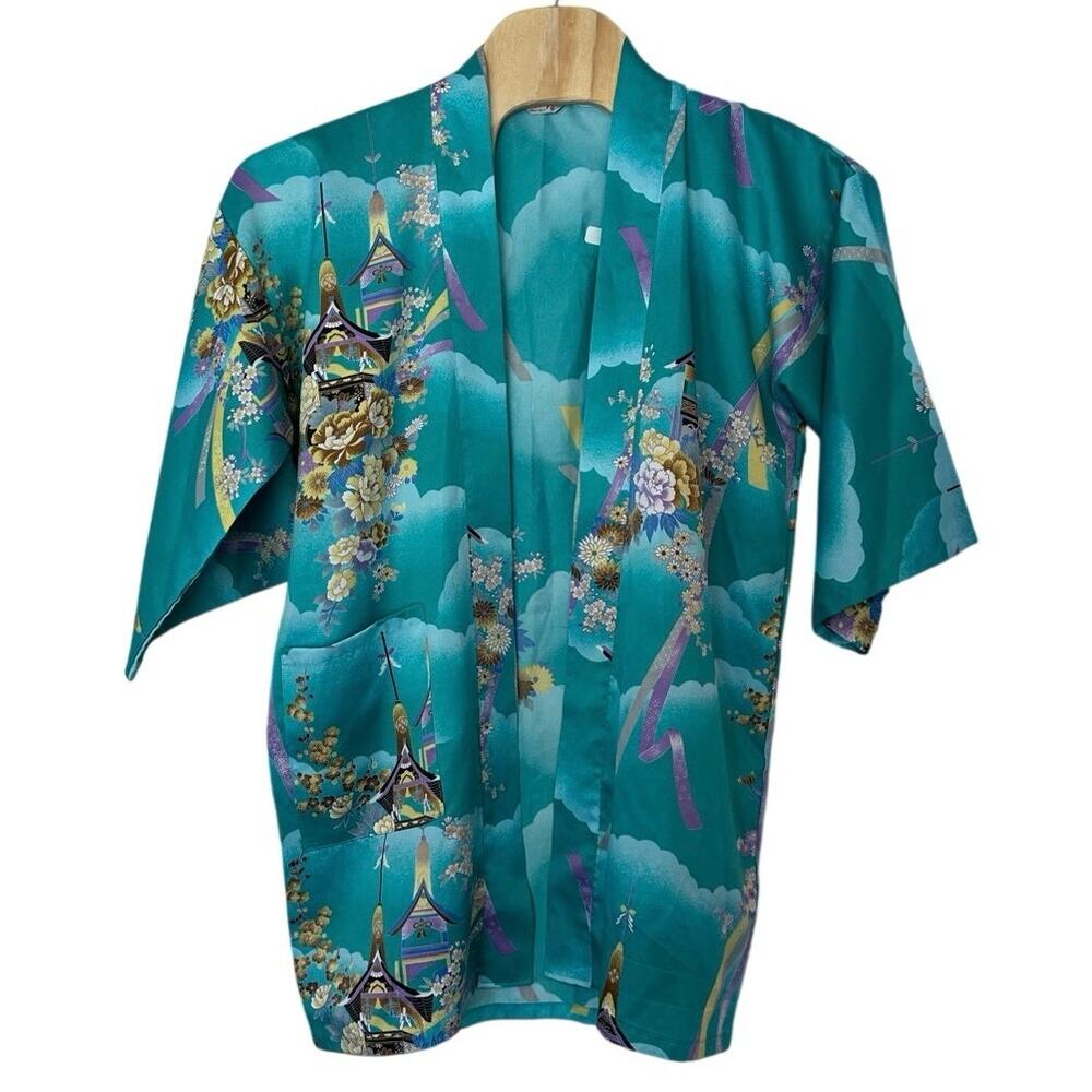 Marukyo Vintage Asian Scenic Print Kimono Robe‎ Jacket Size L Turquoise Japanese